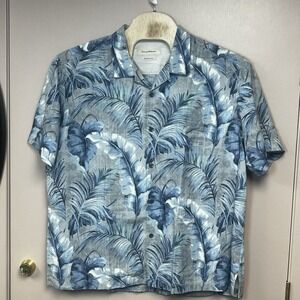 Tommy Bahama Men's 2XL Hawaiian Blue Grey tropical leaf palm pattern 100% Silk